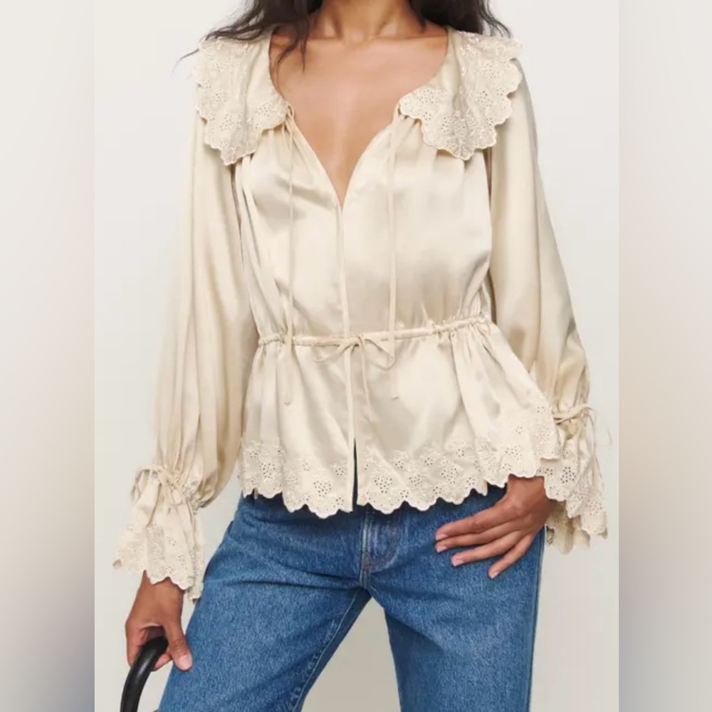Reformation Cream Blouse with Lace Trim